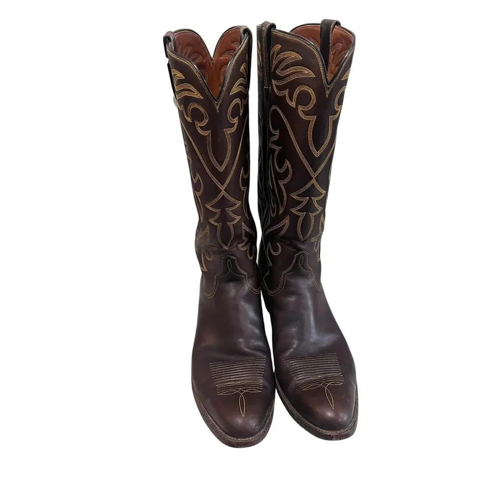 Vintage Lucchese Men’s 12 Espresso Smooth Leather Western Boots Round Toe USA